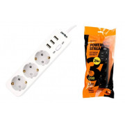 Perfeo сетевой фильтр "POWER STREAM", 2500W, двойная защита, 2м, 3 розетки, 3 USB, белый. 20105565